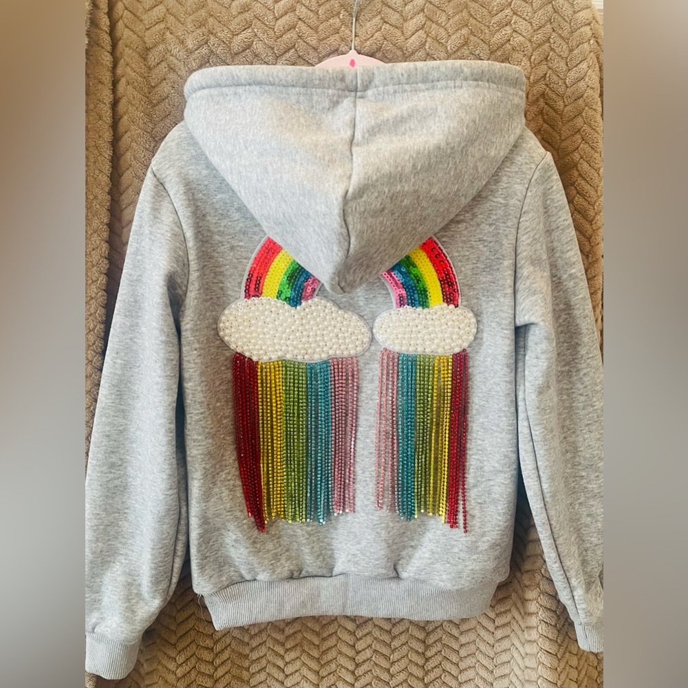 Lola Gray Hoodie with Beaded Rainbow Design